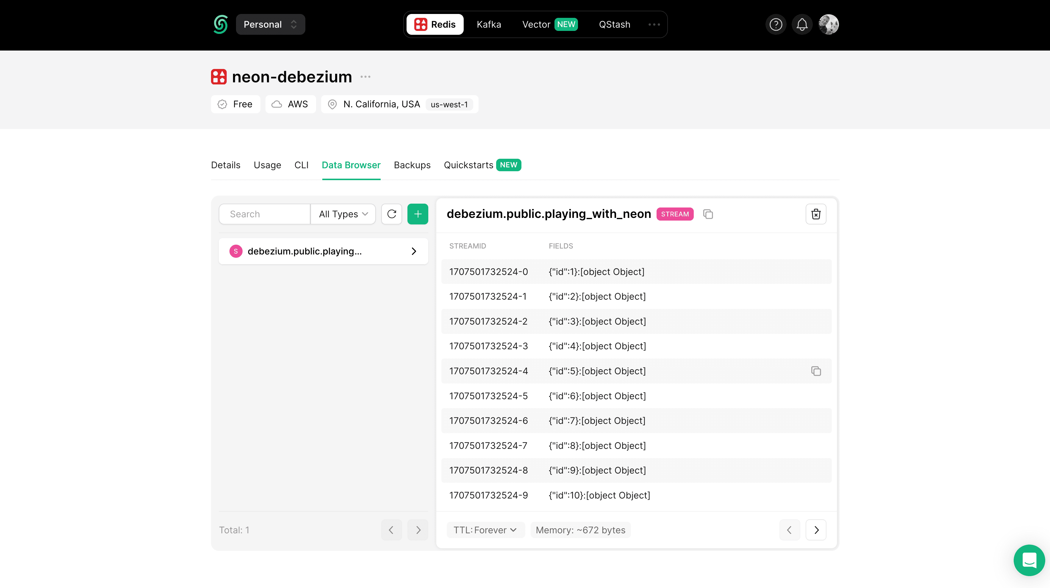 Events in the Redis stream data structure, as seen in the Upstash Data Browser.